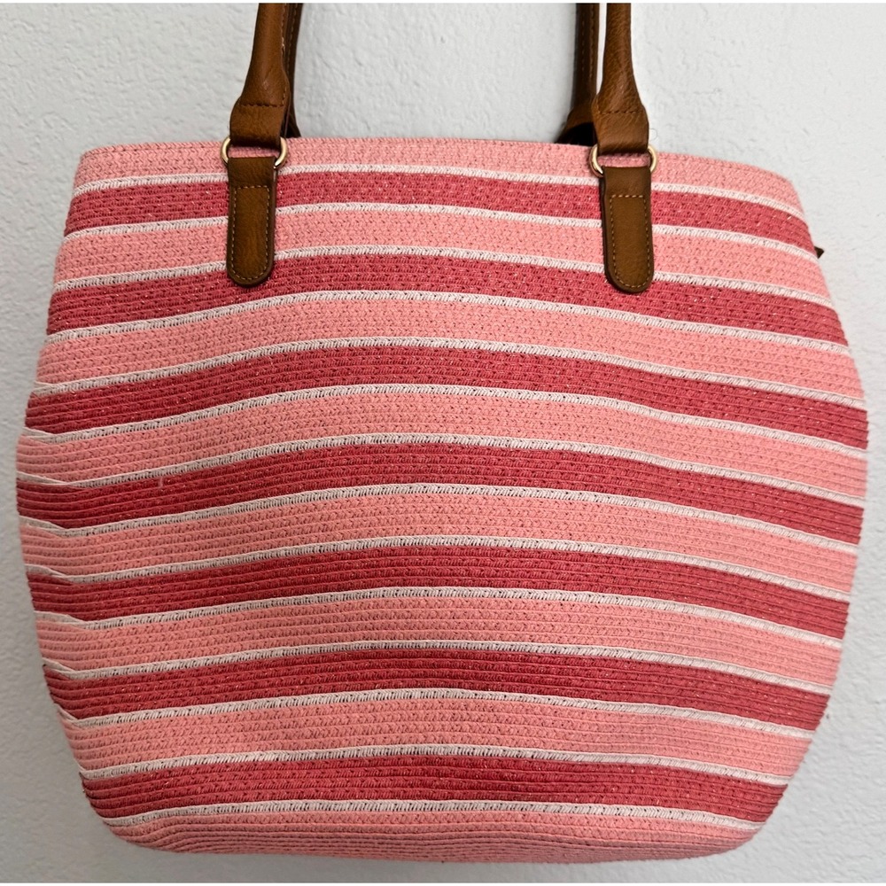 Amiani Pink Beach Bag Tote Zipper Closure Stripped Handbag Gold Shimmer - Picture 9 of 15